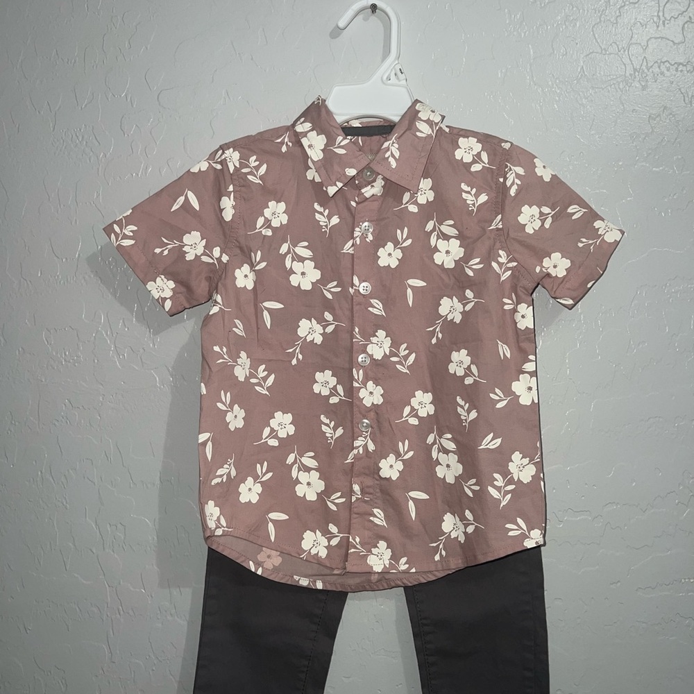 Boys White and Pink Casual Button Down Shirt Floral Pattern matching set